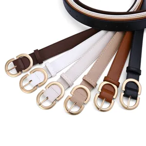 Women thin faux leather waist belt with gold round buckle stylish versatile trousers belt