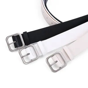 Women PU leather belt with classic square metal buckle, casual stylish waist belt for jeans.