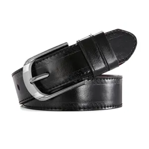 Men's black leather belt with metal pin buckle casual business jeans belt stylish accessory