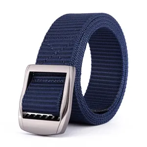 Dark blue nylon tactical belt, rolled up neatly with a metal buckle for outdoor sports.