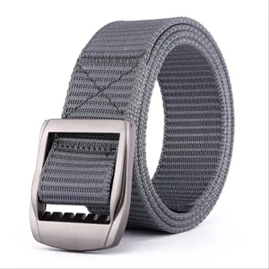 Grey nylon tactical belt for men, durable canvas outdoor pants belt with metal buckle.