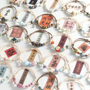 Ceramic bead woven bracelet collection, fresh style handmade jewelry with lucky blessing cards.