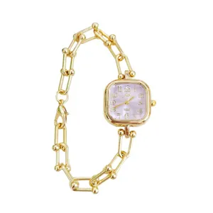 Gold square women's watch with pink dial and trendy link chain bracelet for daily fashion.