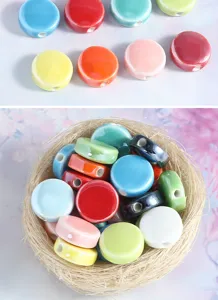 Detailed view of colorful flat ceramic loose beads for DIY handmade bracelets and accessories.