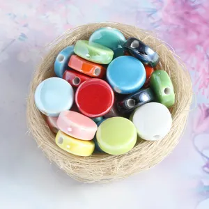 Glazed Ceramic Flat Drum Loose Beads DIY Handmade Bracelet Necklace Jewelry Making Accessories Assorted Colors