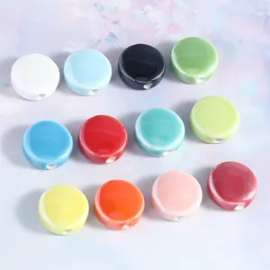Colorful glazed ceramic flat round loose beads for DIY bracelet jewelry making accessories.