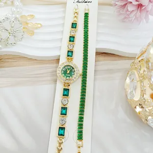Femme montre or vert cristal diamant bracelet ensemble luxe quartz montre-bracelet