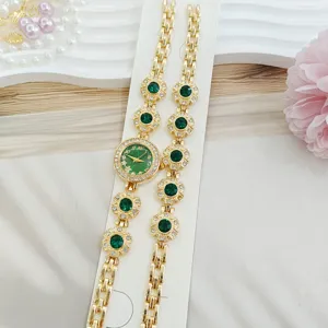 Luxe vert strass femmes montre et bracelet ensemble or bijoux de mode vue detail
