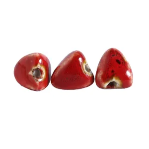 Red glazed ceramic beads for DIY bracelets, retro irregular zongzi shaped loose jewelry making.