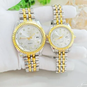 Mode Legering Metaal Stalen Band Quartz Horloge Voor Mannen Vrouwen Strass Kalenderweergave Ronde Wijzerplaat Paar Passende Polshorloge Cadeau