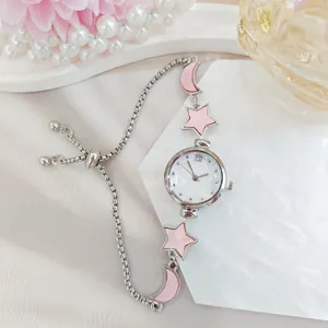 Fashion Women's Bracelet Watch Star Moon Charm Drawstring Adjustable Alloy Strap Quartz Analog Wristwatch Elegant Jewelry Gift