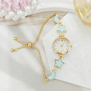 Gold star moon charm bracelet watch with quartz movement and adjustable sliding chain design.