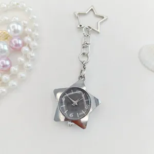 Star keychain watch for women, cute pentagram pocket watch with metal chain and clear dial.