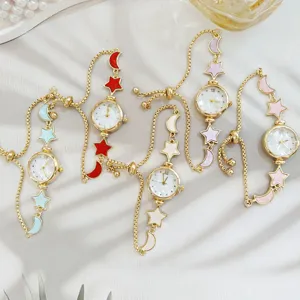 Women star moon bracelet watch quartz jewelry adjustable fashion gold chain gift items.