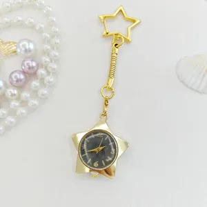 Gold pentagram keychain watch, stylish mini pocket watch with clear dial for daily use.