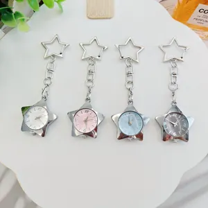 Detailed view of stylish star-shaped keychain watches for women and students in multiple colors.
