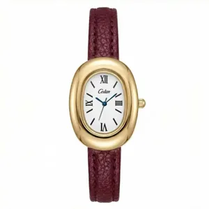 Elegante orologio da donna al quarzo ovale con cinturino in pelle bordeaux e quadrante bianco