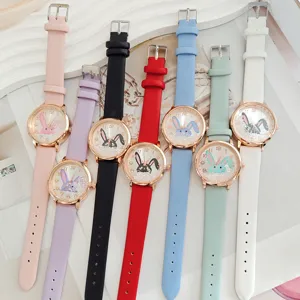Donna carino coniglio cartone animato strass sabbia mobile cinturino in pelle orologio
