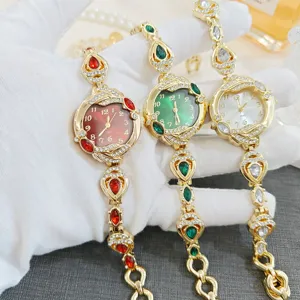 Vintage rhinestone luxury women watch, elegant gold chain watch with colorful crystal dials.