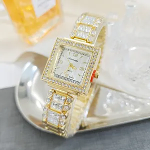 Reloj de cuarzo cuadrado de lujo con diamantes de imitación para mujer, reloj dorado elegante.
