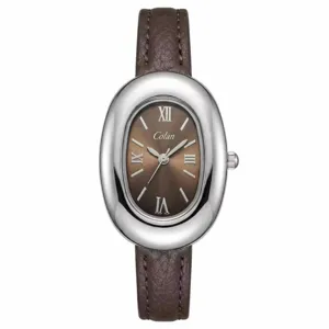 Elegante orologio da donna al quarzo con cinturino in pelle marrone e cassa ovale chic.