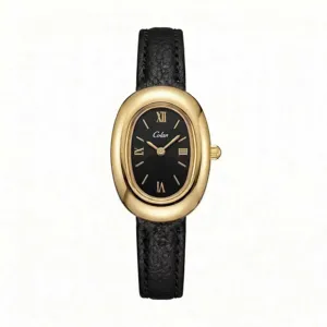 Elegante orologio da donna al quarzo ovale con cinturino in pelle nera e cassa oro.