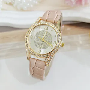 Kristal Strass Dames Quartz Horloge Roze Lederen Band Sterrenhemel Wijzerplaat Elegant