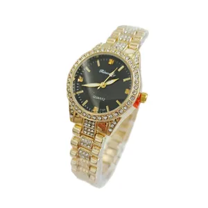 Montre quartz femme élégante en or avec strass, cadran noir et lunette brillante étincelante.