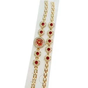 Ensemble montre et bracelet pour femme en or luxueux avec fleurs en cristal rouge et strass.