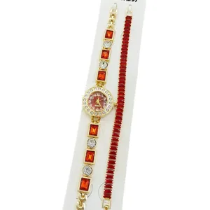 Femme vintage montre quartz mode et rouge cristal strass bracelet bijoux ensemble or metal