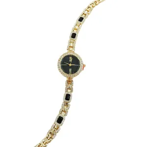 Elegante Damen Strass Quarzuhr mit Goldkette Armband und schwarzem Zifferblatt Alltag.