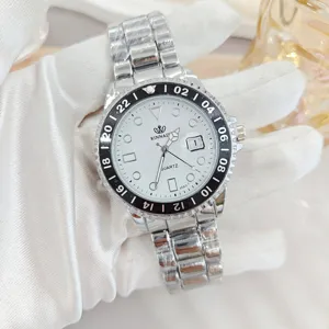 Men stainless steel quartz watch featuring white dial, calendar and GMT bezel for daily wear.