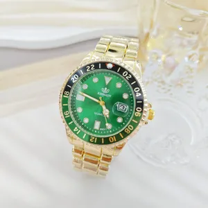 Men's Gold Quartz Steel Strap Watch Green Dial Calendar Luxury Casual Business Wristwatch