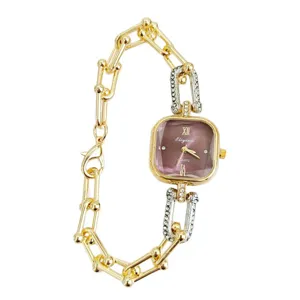 Luxury women quartz watch with purple square dial and gold link bracelet stylish design