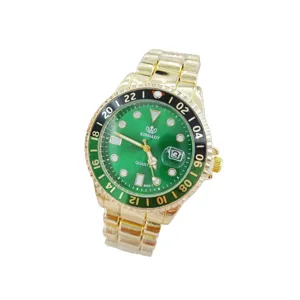 Detailed close-up of gold quartz watch with vibrant green dial and classic metal strap.