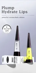 Detail view of crystal clear lip plumper oil with unique pointed cap design and daily edition.