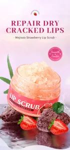 Strawberry lip scrub exfoliating jar detail view for deep moisturizing dry lips care.