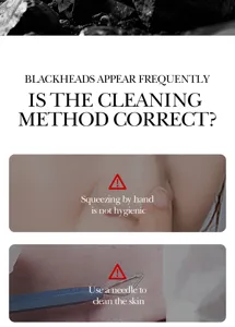 Detailed infographic showing blackhead skin issues and improper cleaning methods closeup view.