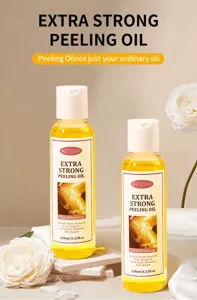 Detail view of 120ml body peeling oil bottle featuring skin whitening and scar repairing functions.