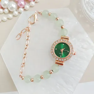 Women's Fashion Rhinestone Inlaid Bracelet Watch Luxury Alloy Quartz Wristwatch With Synthetic Jade Beads For Ladies Elegant Jewelry Gift