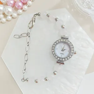 Elegant women quartz watch with crystal bezel rose quartz bead bracelet strap fashion jewelry