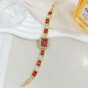 Lujo Mujer Rojo Cristal Cuarzo Reloj Elegante Oro Pulsera Moda Estilo Bonito Chic