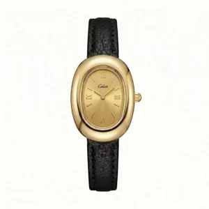 Elegante orologio da polso al quarzo ovale dorato con cinturino in pelle nera stile chic donna