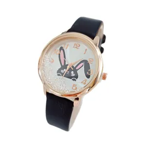 Orologio da donna al quarzo con cinturino in pelle nera, quadrante con coniglietto e strass.