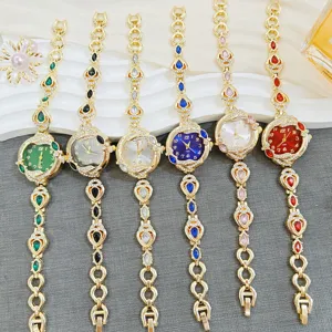 Vintage style women quartz watch with gemstone bracelet, luxury carp design elegant wrist watch.