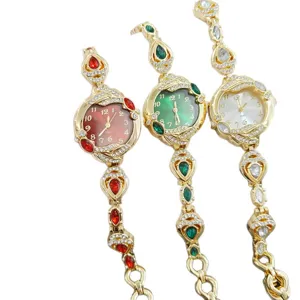 Women fashion quartz watch luxury gold metal bracelet rhinestone dial vintage style jewelry gift