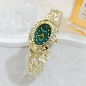 Vintage green dial rhinestone women watch luxury gold bracelet quartz fashion timepiece