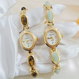 Vintage Women Bracelet Watch with Tiger Eye Gemstone Alloy Case Quartz Movement Retro Luxury Jewelry Wristwatch for Ladies