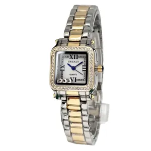 Square quartz watch featuring a two-tone steel strap, diamond bezel and roman numerals.