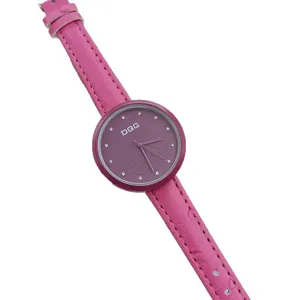 Pink leather strap quartz watch with floral dial, rhinestone markers, stylish detail view.